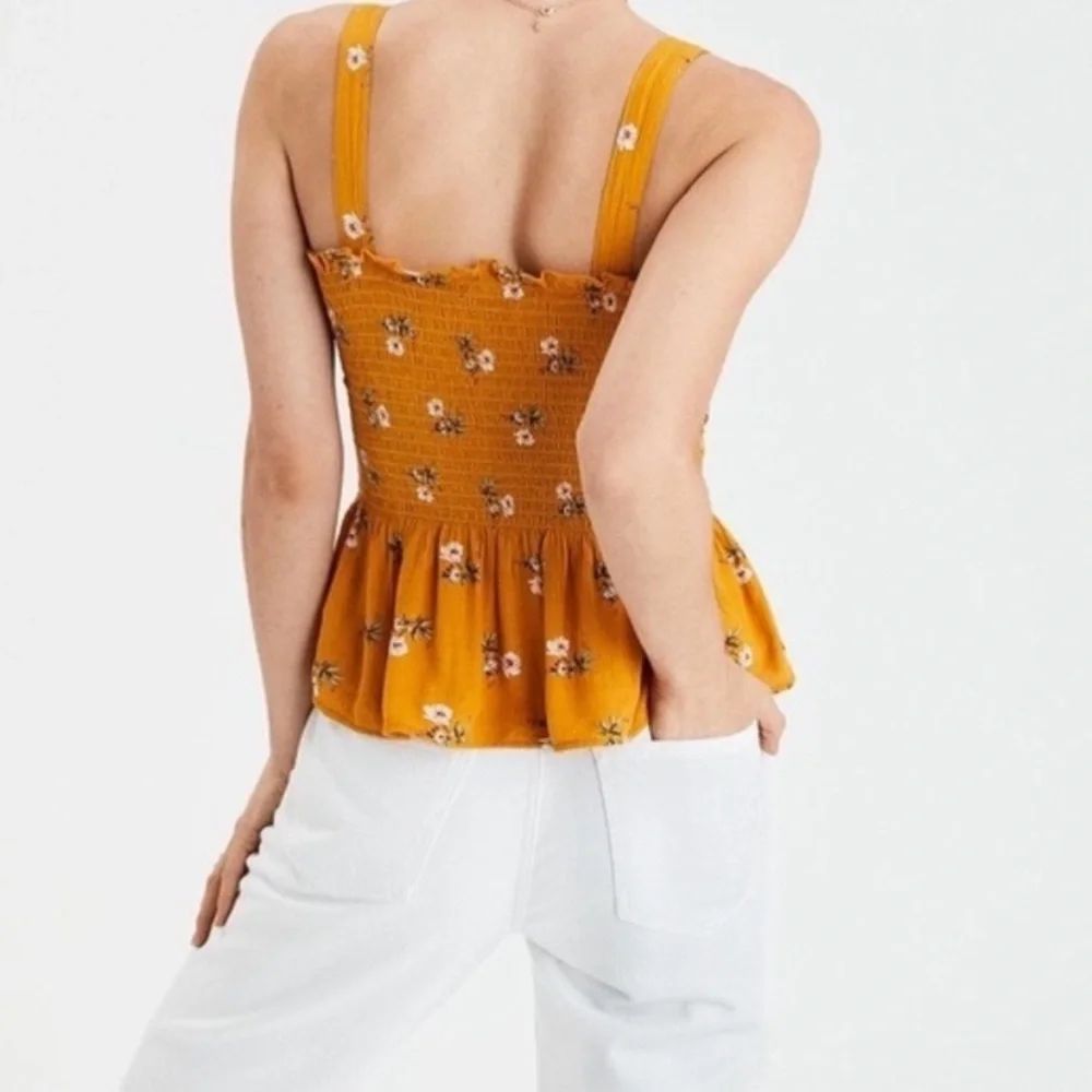 American Eagle Outfitters Mustard Floral Smocked Tank Top - Picture 2 of 6